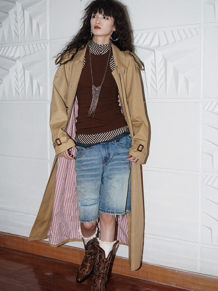 badtaste Longline Western Vintage British Women's Other Material Trench Coats