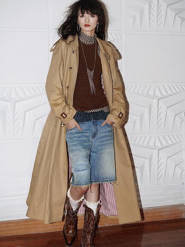 badtaste Longline Western Vintage British Women's Other Material Trench Coats