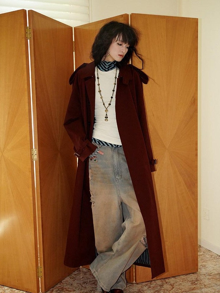 badtaste Longline Western Vintage British Women's Other Material Trench Coats