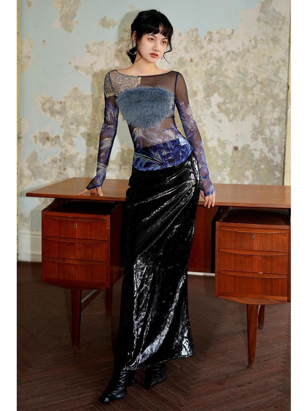 badtaste Lustrous Solid Low Waist Long Women's Special Fabric Mermaid Skirts