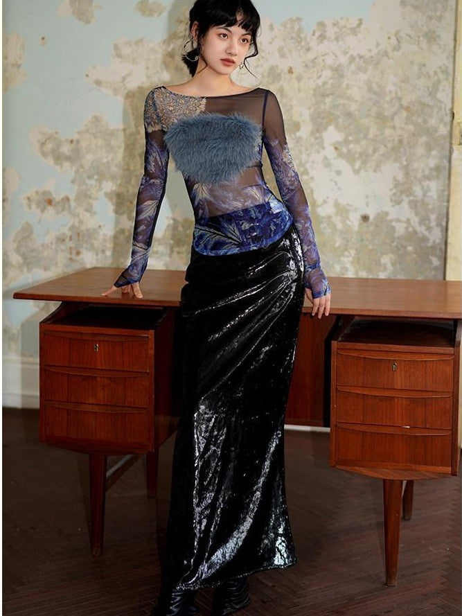 badtaste Lustrous Solid Low Waist Long Women's Special Fabric Mermaid Skirts