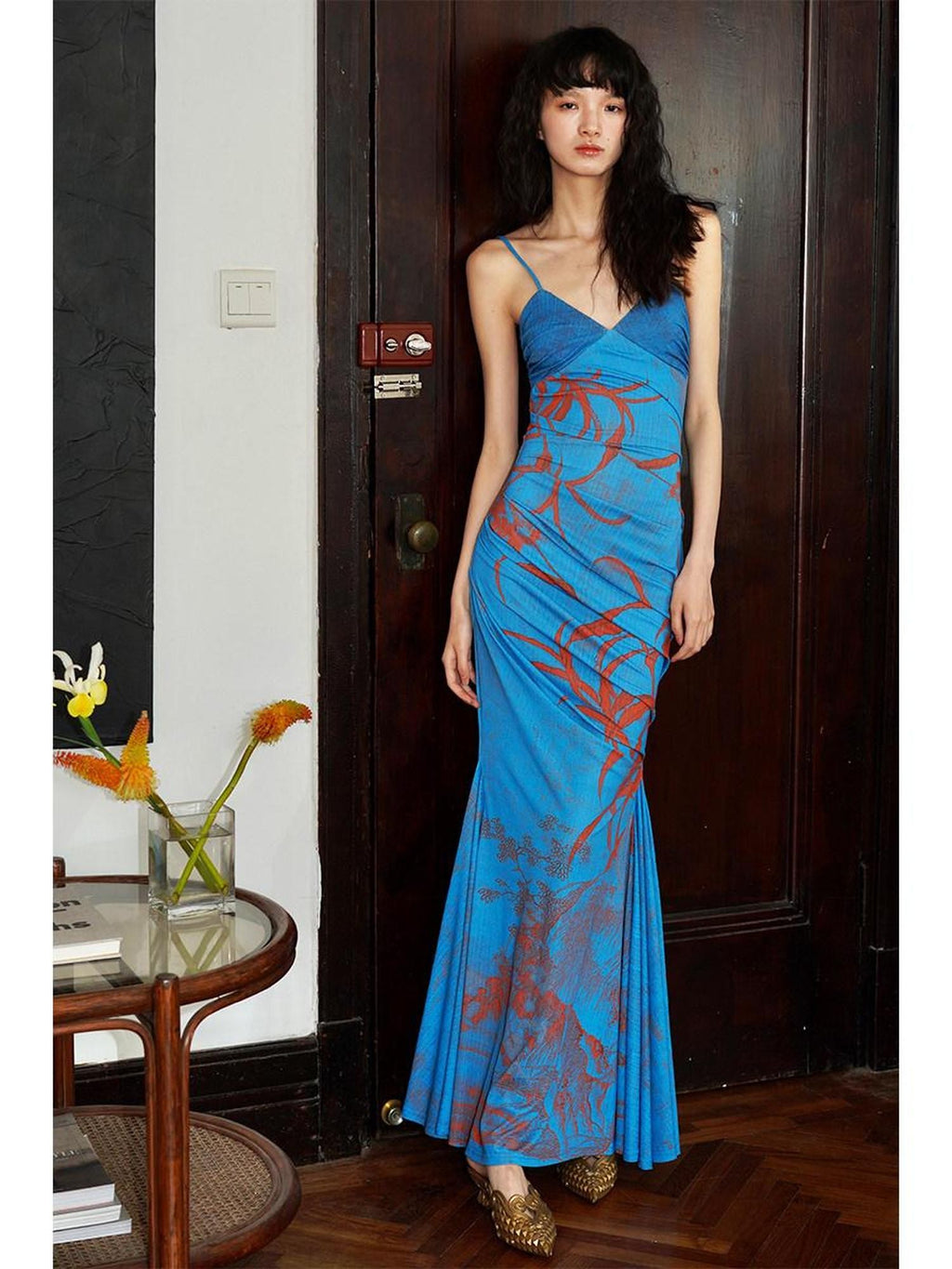 badtaste Mermaid New Chinese Style Print Ruched Long Strappy Women's Slip Maxi Dresses