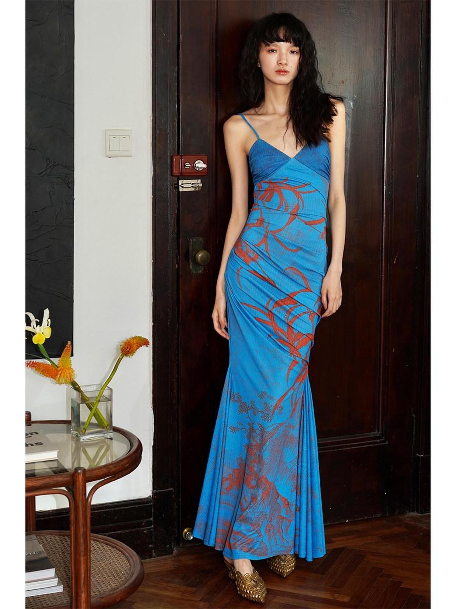 badtaste Mermaid New Chinese Style Print Ruched Long Strappy Women's Slip Maxi Dresses