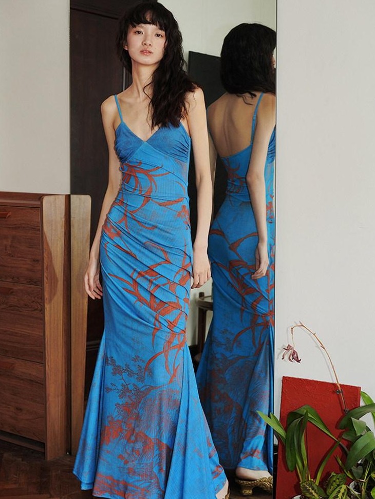 badtaste Mermaid New Chinese Style Print Ruched Long Strappy Women's Slip Maxi Dresses