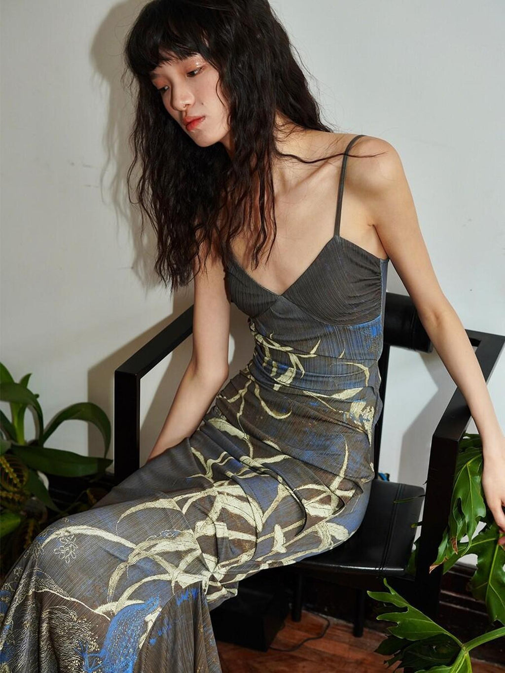 badtaste Mermaid New Chinese Style Print Ruched Long Strappy Women's Slip Maxi Dresses