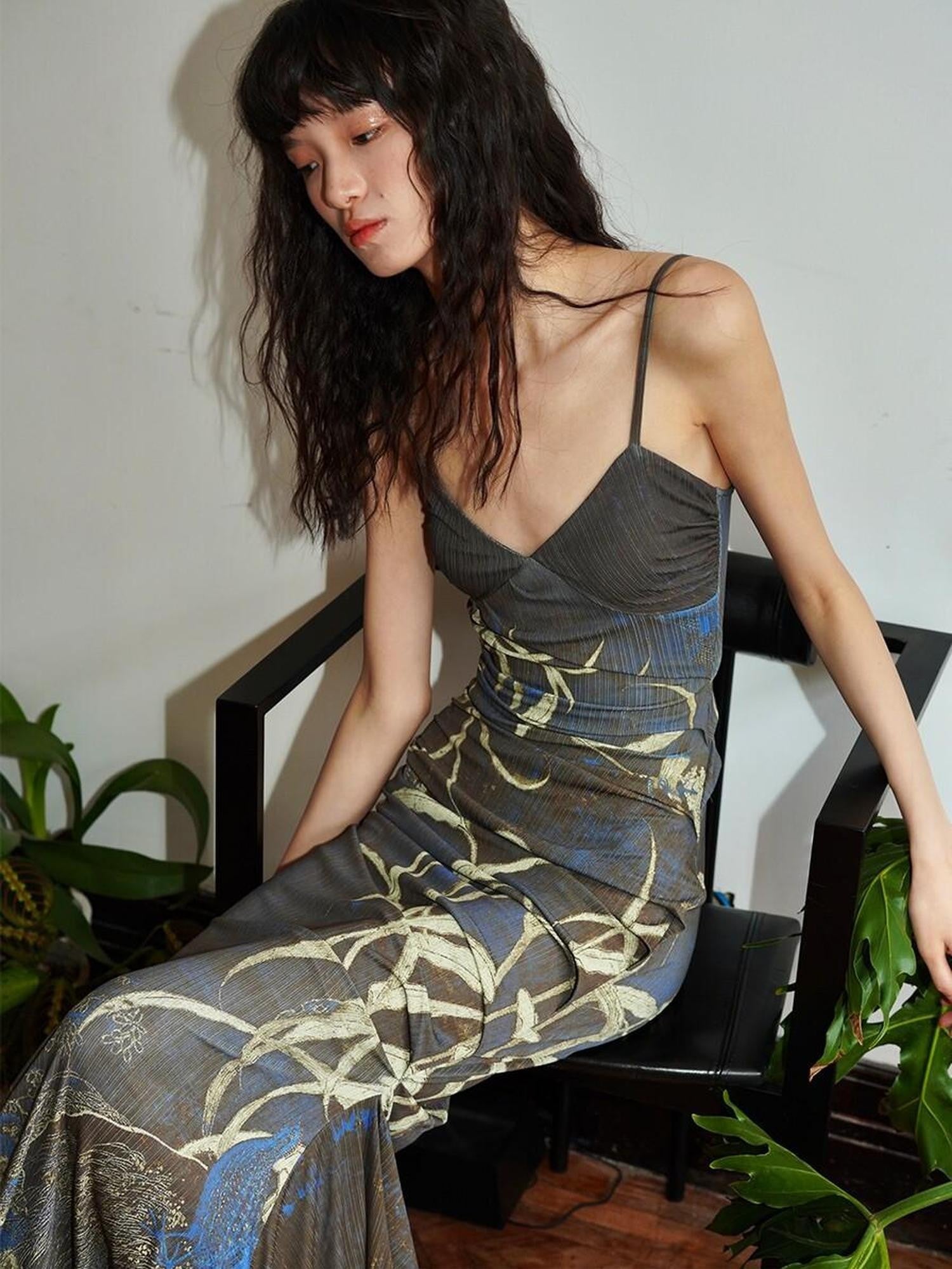 badtaste Mermaid New Chinese Style Print Ruched Long Strappy Women's Slip Maxi Dresses