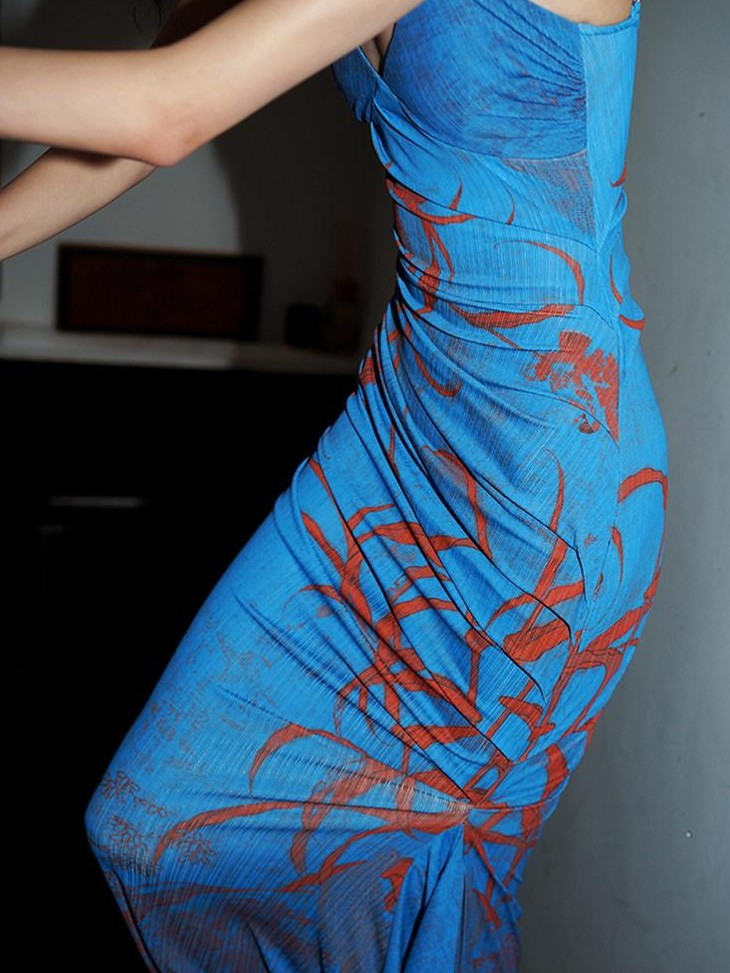 badtaste Mermaid New Chinese Style Print Ruched Long Strappy Women's Slip Maxi Dresses