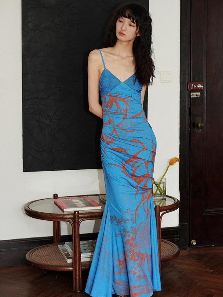 badtaste Mermaid New Chinese Style Print Ruched Long Strappy Women's Slip Maxi Dresses