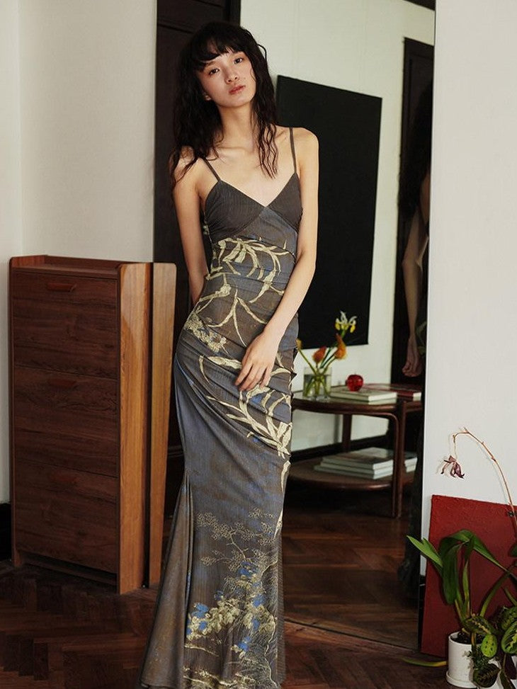 badtaste Mermaid New Chinese Style Print Ruched Long Strappy Women's Slip Maxi Dresses