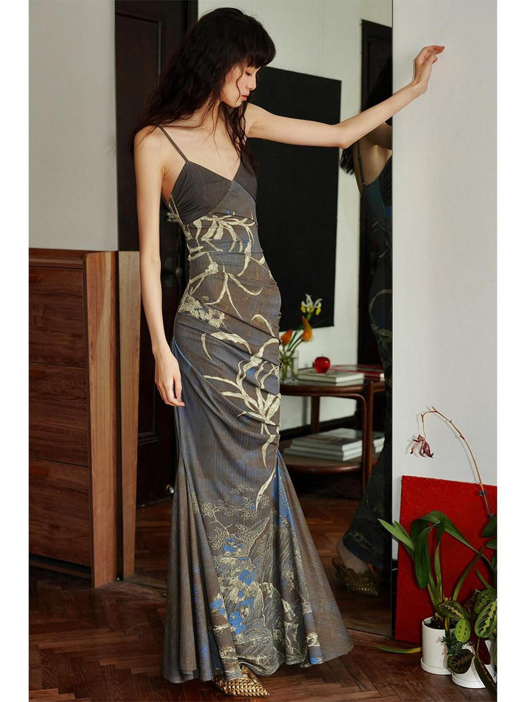 badtaste Mermaid New Chinese Style Print Ruched Long Strappy Women's Slip Maxi Dresses