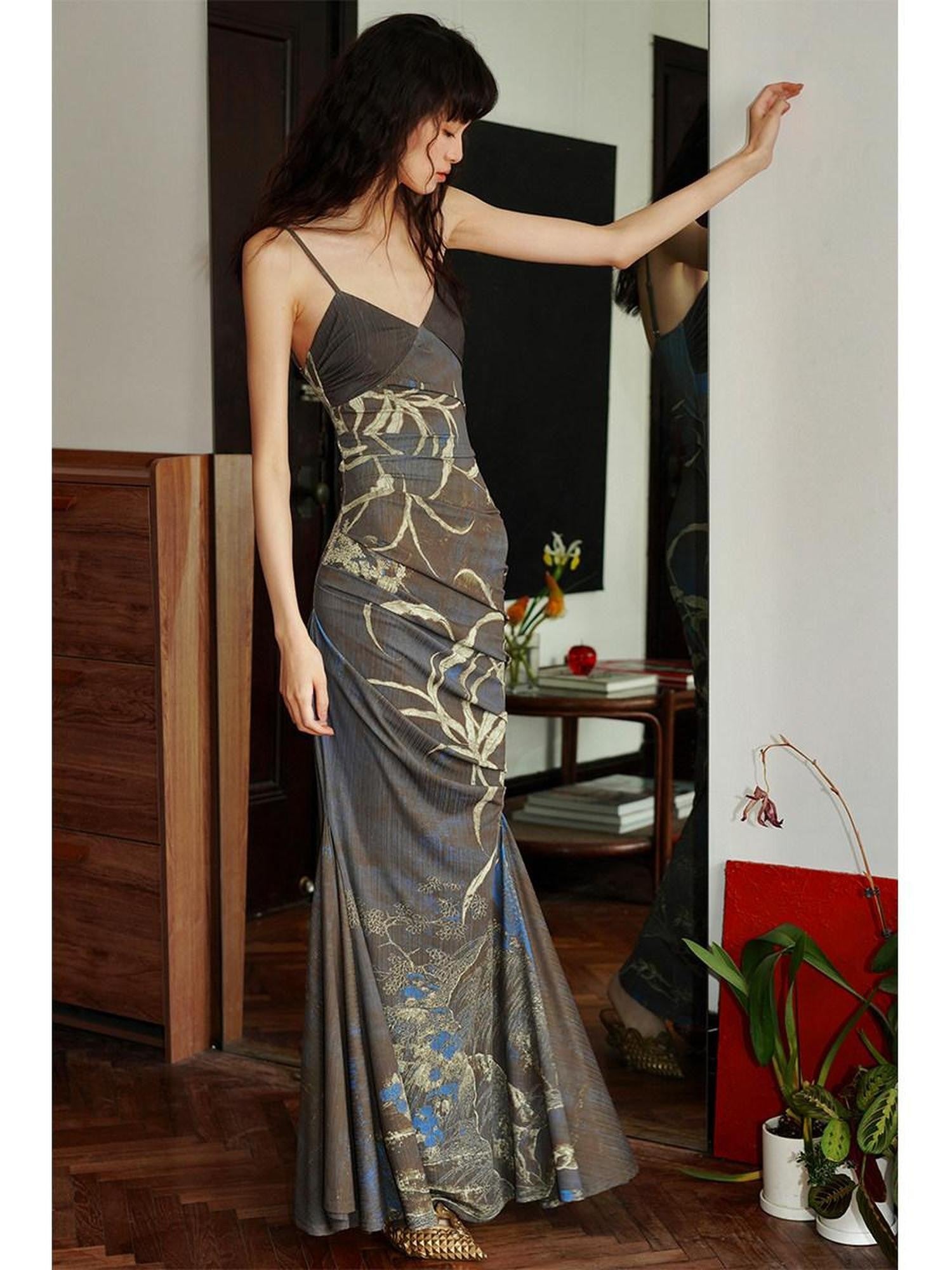 badtaste Mermaid New Chinese Style Print Ruched Long Strappy Women's Slip Maxi Dresses