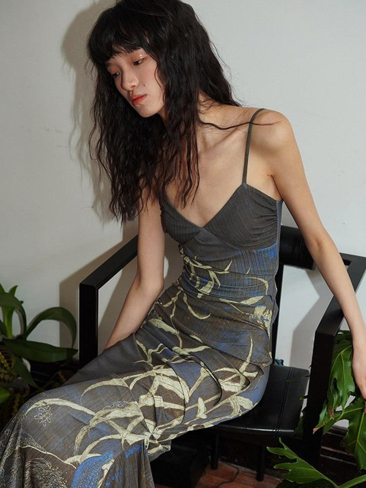 badtaste Mermaid New Chinese Style Print Ruched Long Strappy Women's Slip Maxi Dresses