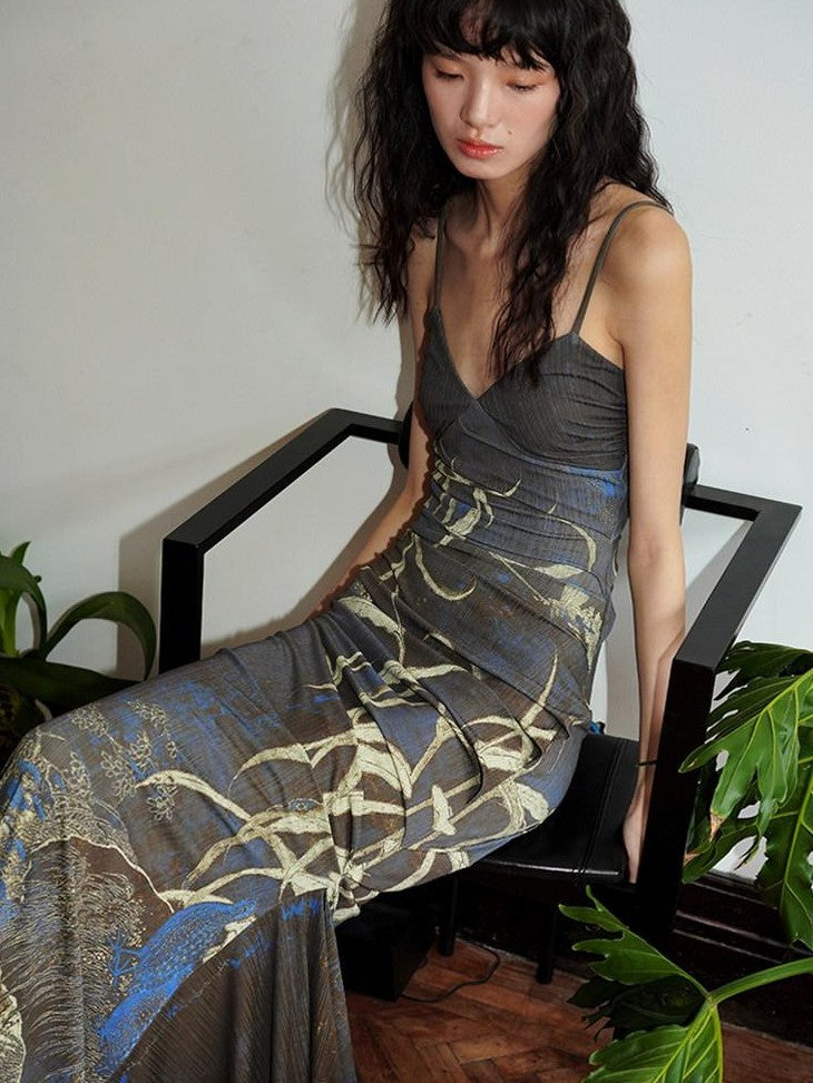 badtaste Mermaid New Chinese Style Print Ruched Long Strappy Women's Slip Maxi Dresses