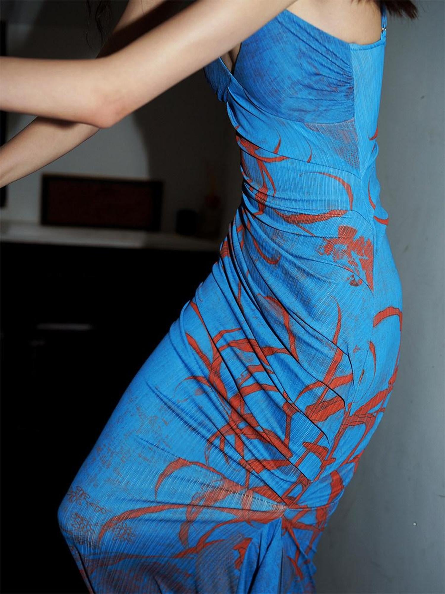 badtaste Mermaid New Chinese Style Print Ruched Long Strappy Women's Slip Maxi Dresses