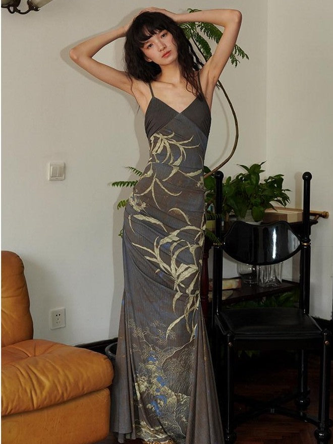 badtaste Mermaid New Chinese Style Print Ruched Long Strappy Women's Slip Maxi Dresses