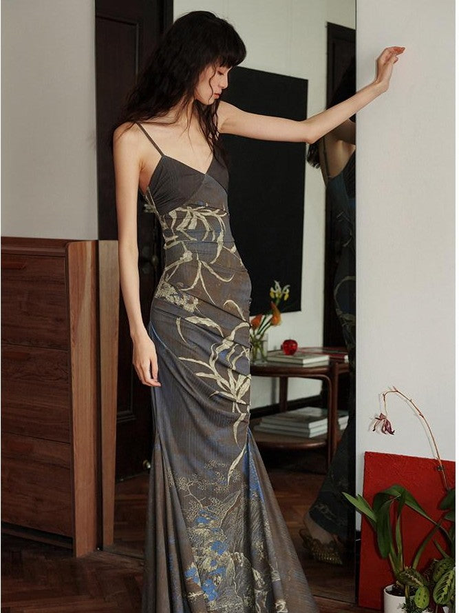 badtaste Mermaid New Chinese Style Print Ruched Long Strappy Women's Slip Maxi Dresses