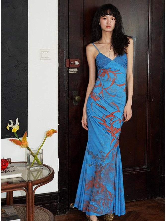 badtaste Mermaid New Chinese Style Print Ruched Long Strappy Women's Slip Maxi Dresses