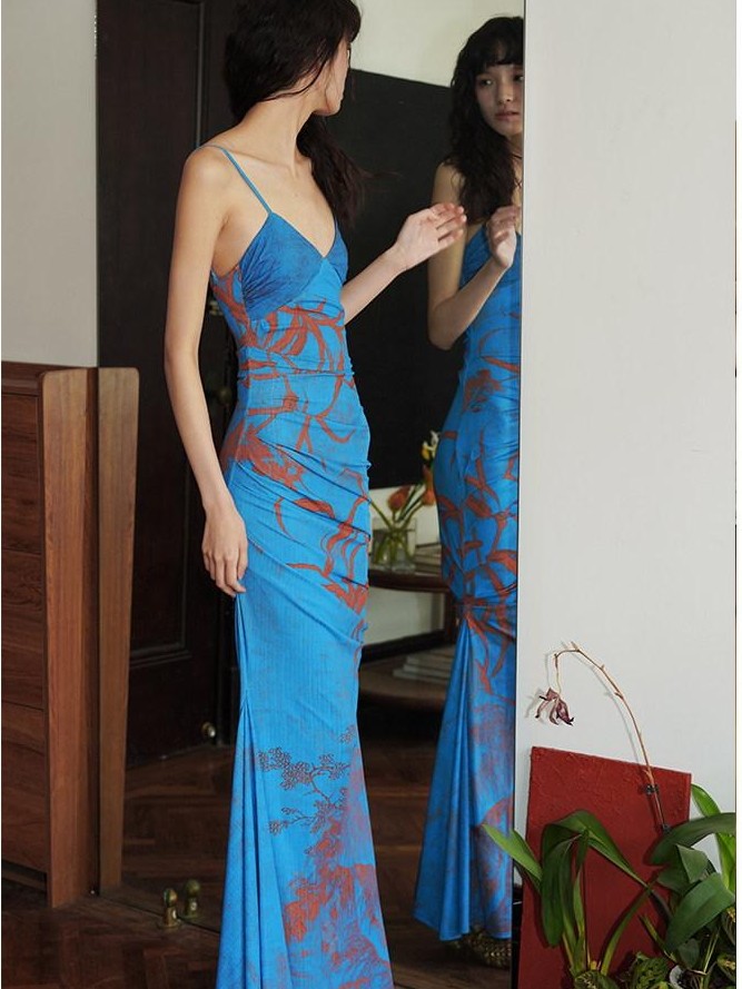 badtaste Mermaid New Chinese Style Print Ruched Long Strappy Women's Slip Maxi Dresses