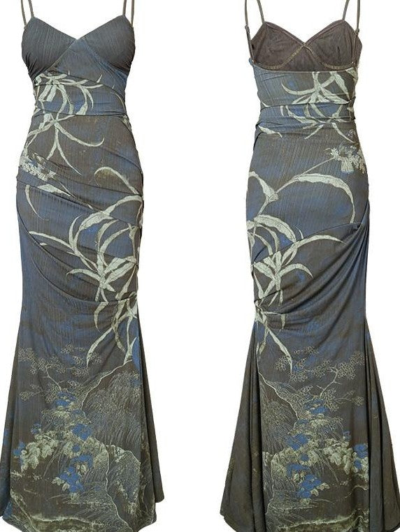 badtaste Mermaid New Chinese Style Print Ruched Long Strappy Women's Slip Maxi Dresses