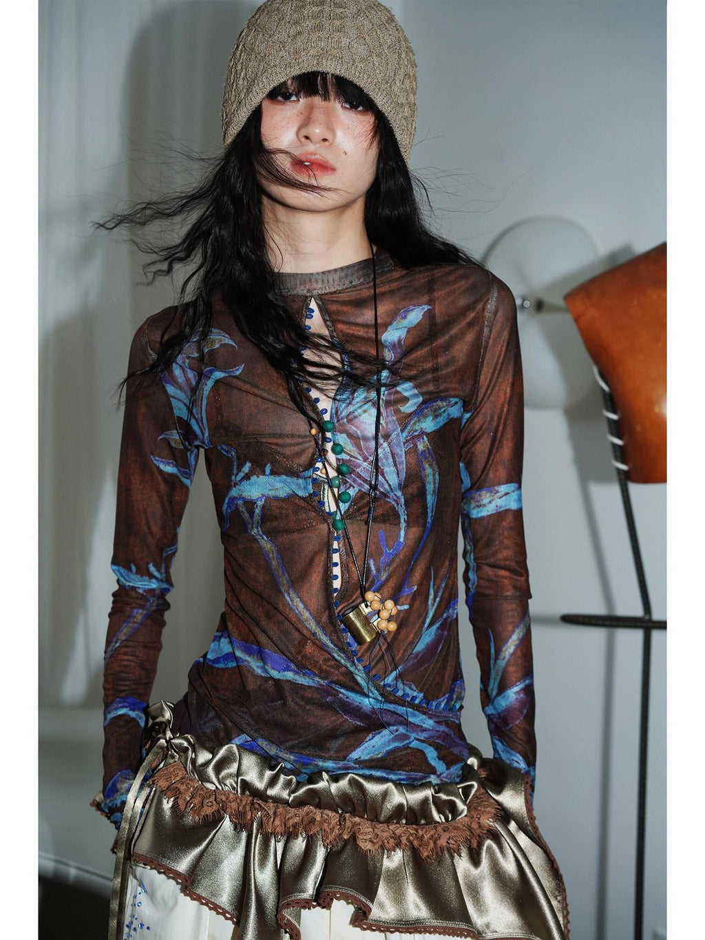 badtaste Mesh Cutout Chinese Print Two Way Women's Mesh Tulle Long Sleeve T-shirts