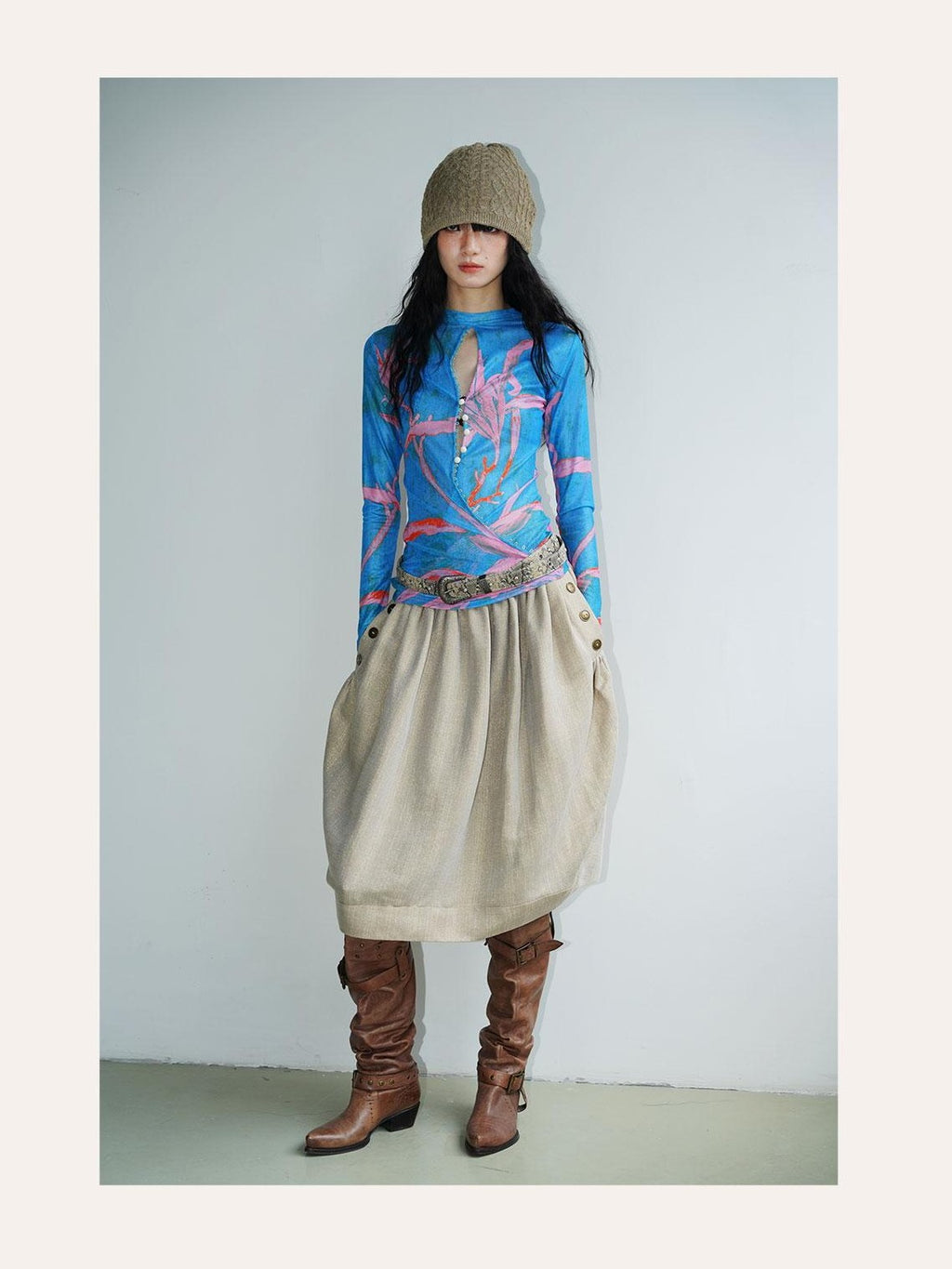 badtaste Mesh Cutout Chinese Print Two Way Women's Mesh Tulle Long Sleeve T-shirts