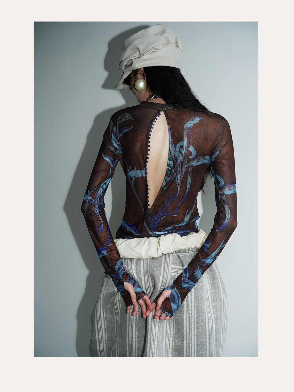 badtaste Mesh Cutout Chinese Print Two Way Women's Mesh Tulle Long Sleeve T-shirts
