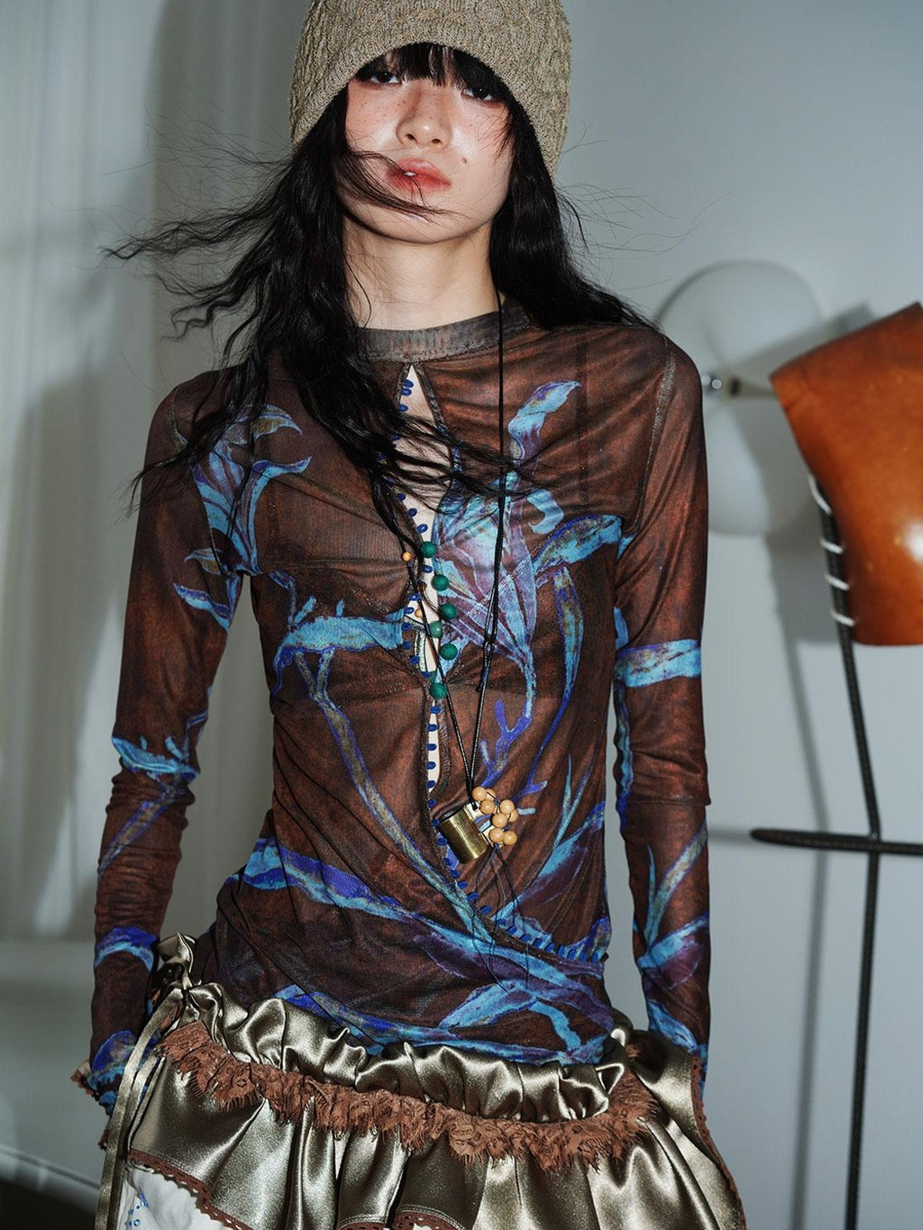 badtaste Mesh Cutout Chinese Print Two Way Women's Mesh Tulle Long Sleeve T-shirts