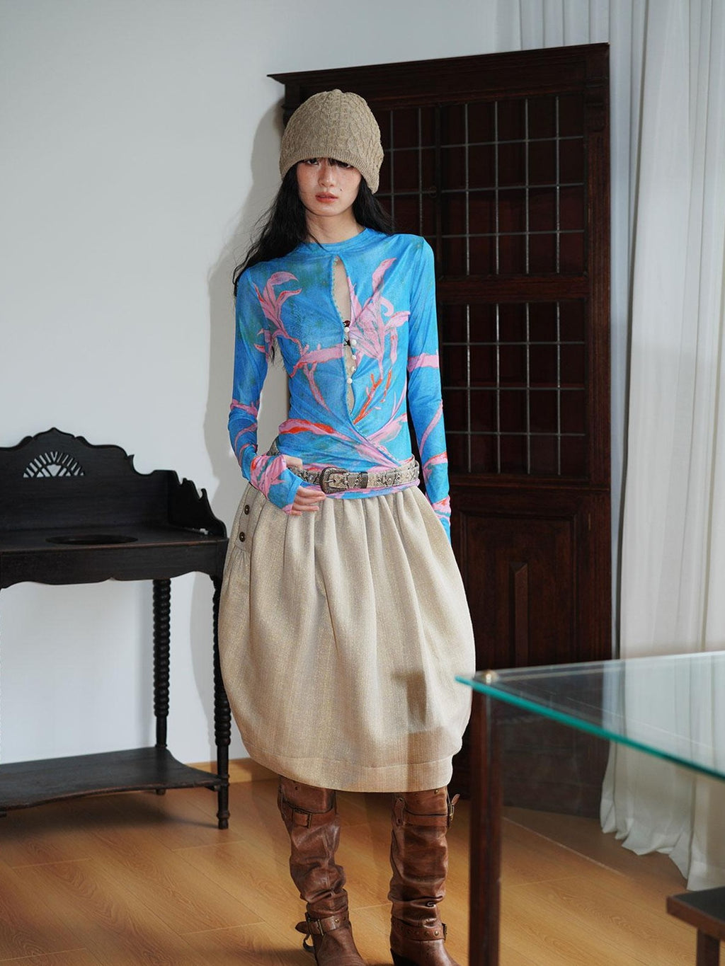 badtaste Mesh Cutout Chinese Print Two Way Women's Mesh Tulle Long Sleeve T-shirts