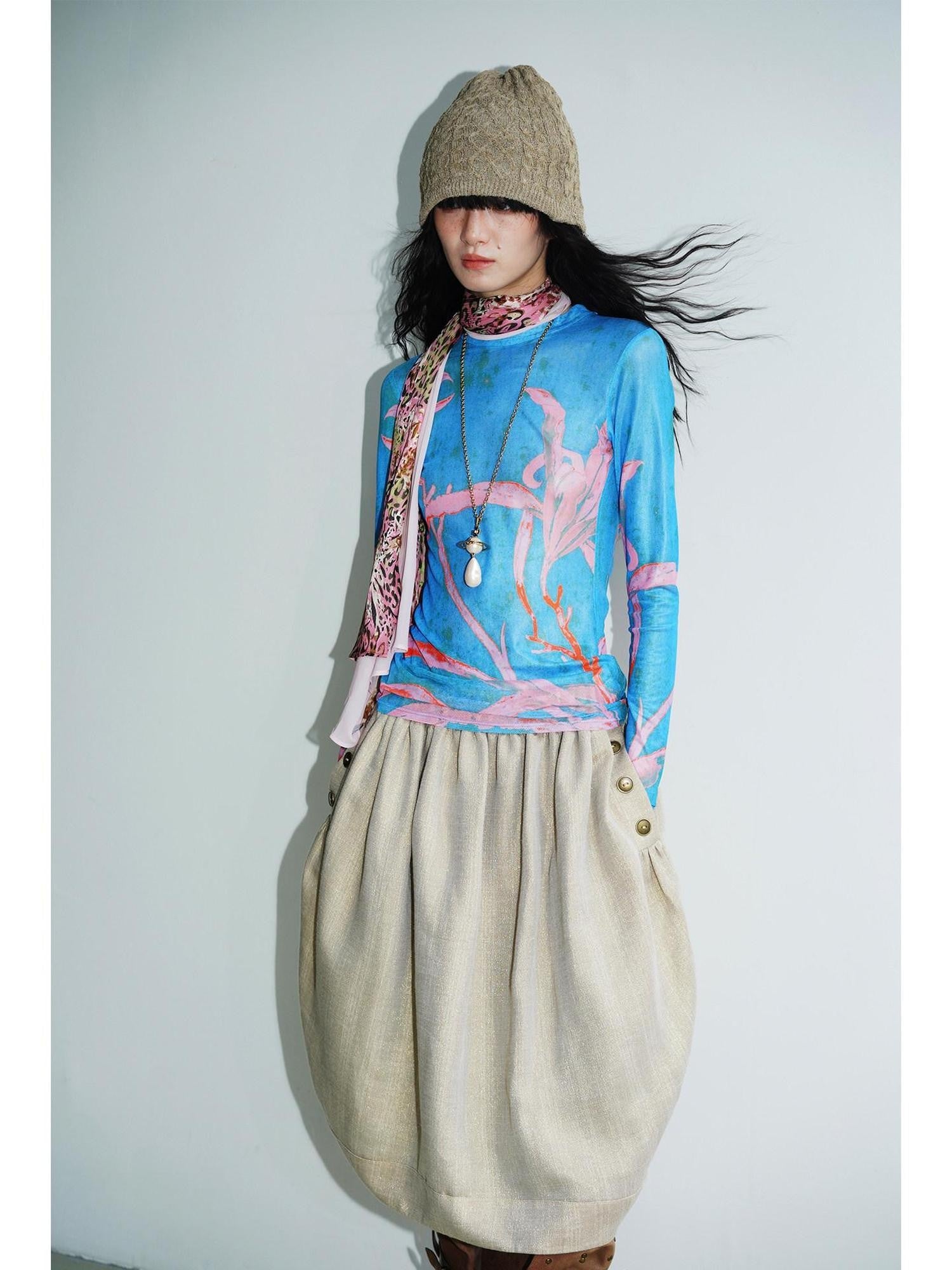 badtaste Mesh Cutout Chinese Print Two Way Women's Mesh Tulle Long Sleeve T-shirts