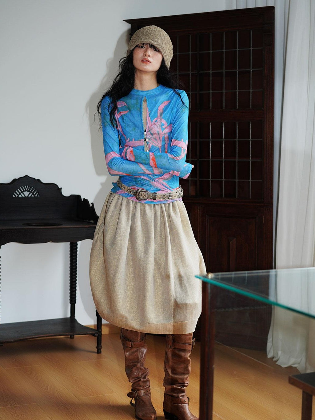 badtaste Mesh Cutout Chinese Print Two Way Women's Mesh Tulle Long Sleeve T-shirts