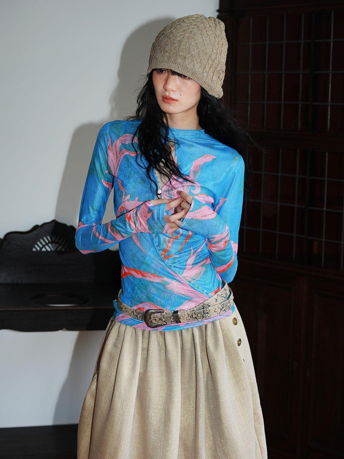 badtaste Mesh Cutout Chinese Print Two Way Women's Mesh Tulle Long Sleeve T-shirts