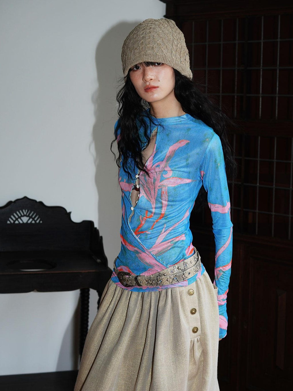 badtaste Mesh Cutout Chinese Print Two Way Women's Mesh Tulle Long Sleeve T-shirts