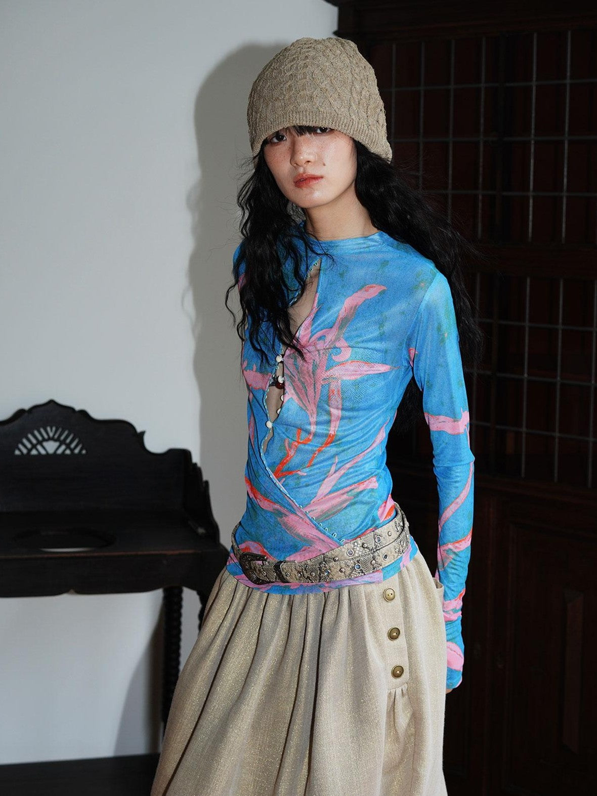badtaste Mesh Cutout Chinese Print Two Way Women's Mesh Tulle Long Sleeve T-shirts