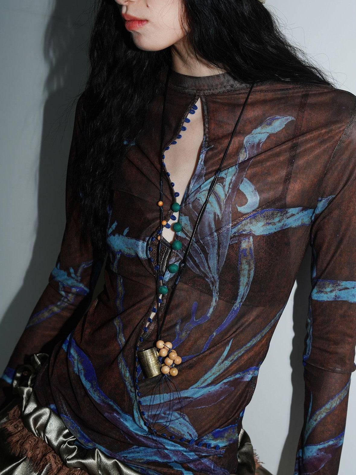 badtaste Mesh Cutout Chinese Print Two Way Women's Mesh Tulle Long Sleeve T-shirts