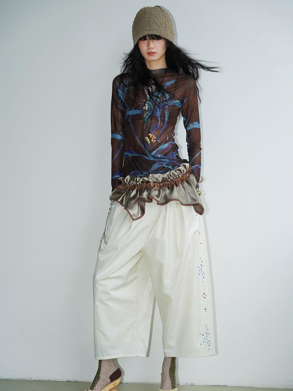 badtaste Mesh Cutout Chinese Print Two Way Women's Mesh Tulle Long Sleeve T-shirts