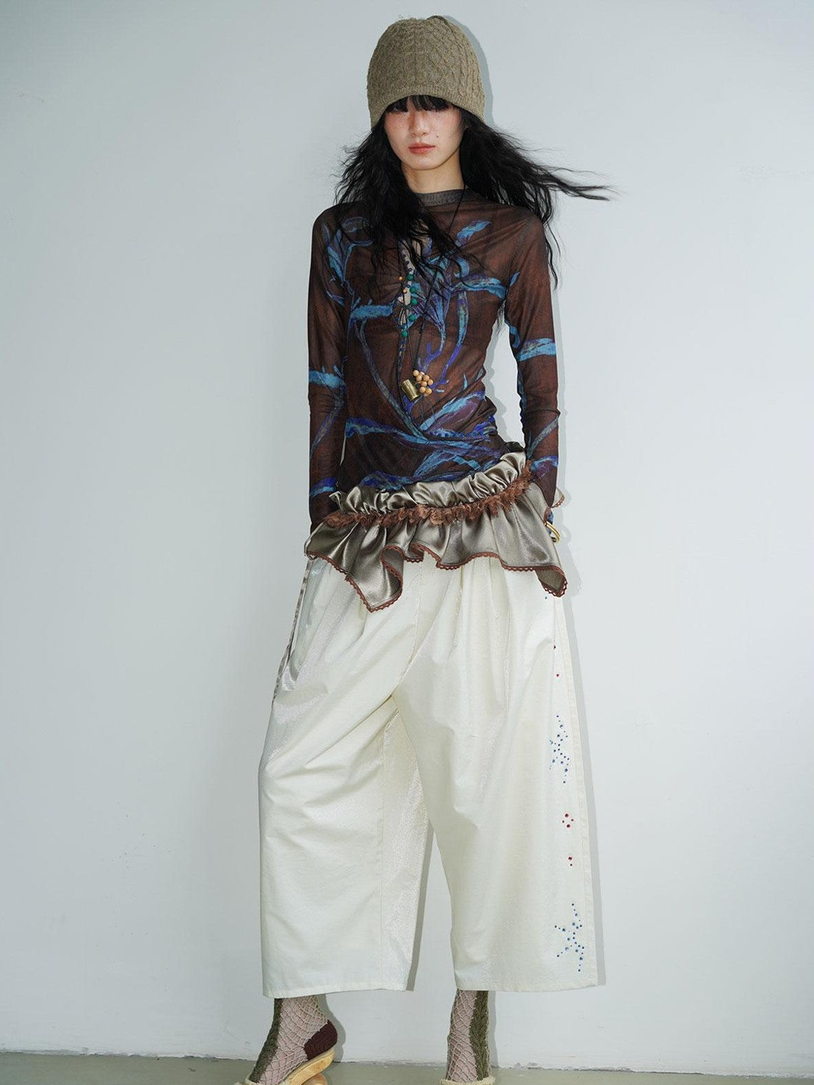 badtaste Mesh Cutout Chinese Print Two Way Women's Mesh Tulle Long Sleeve T-shirts