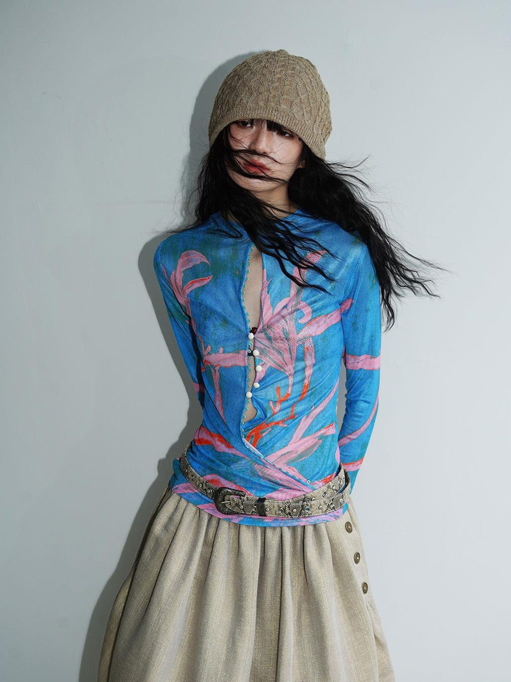 badtaste Mesh Cutout Chinese Print Two Way Women's Mesh Tulle Long Sleeve T-shirts