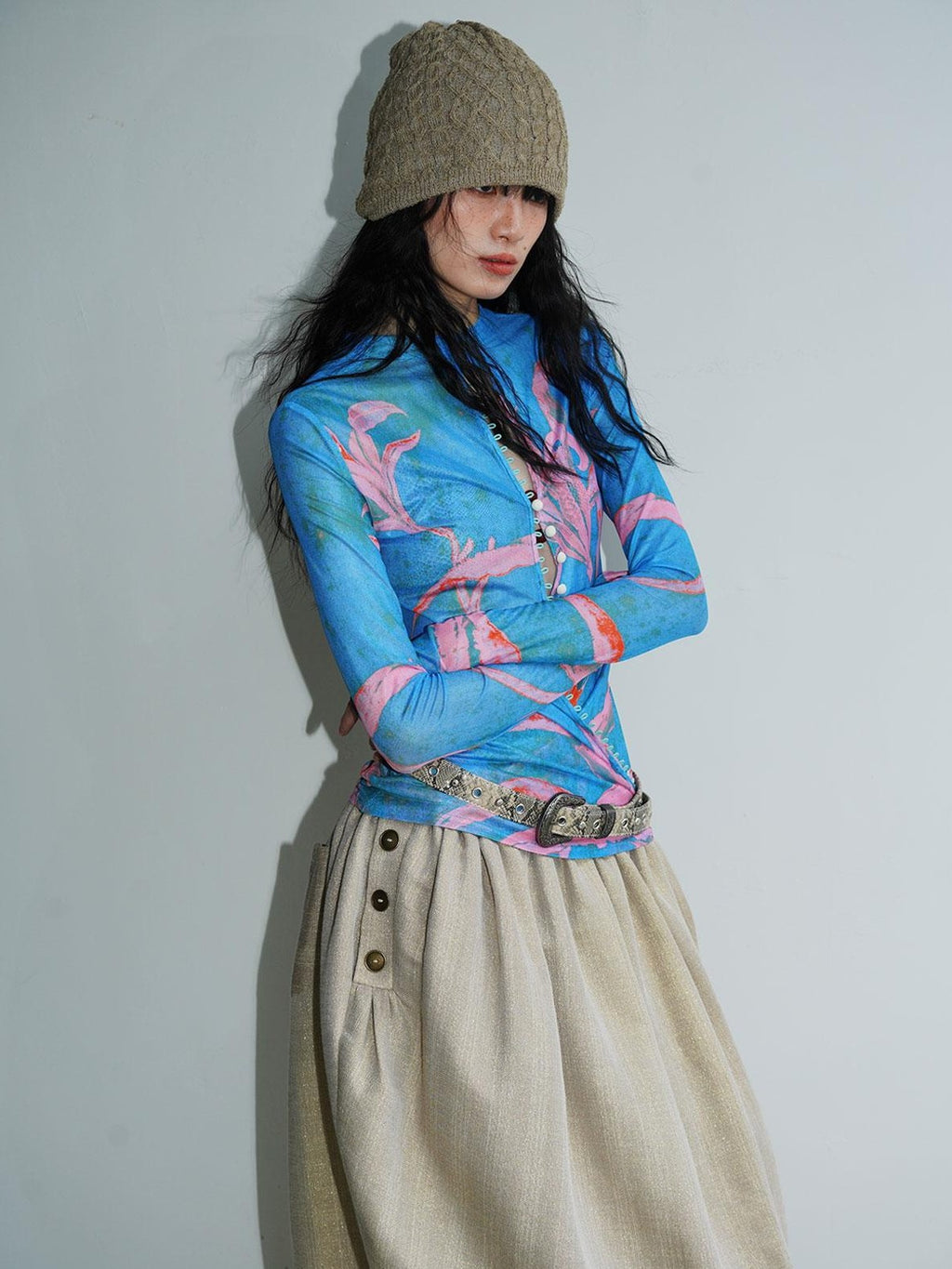 badtaste Mesh Cutout Chinese Print Two Way Women's Mesh Tulle Long Sleeve T-shirts
