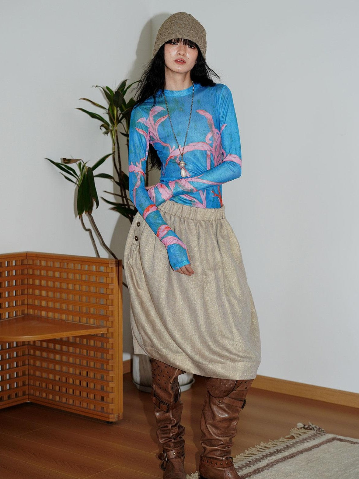 badtaste Mesh Cutout Chinese Print Two Way Women's Mesh Tulle Long Sleeve T-shirts