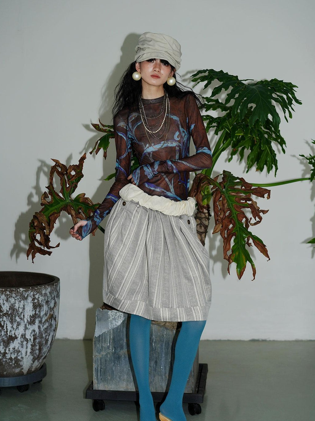 badtaste Mesh Cutout Chinese Print Two Way Women's Mesh Tulle Long Sleeve T-shirts