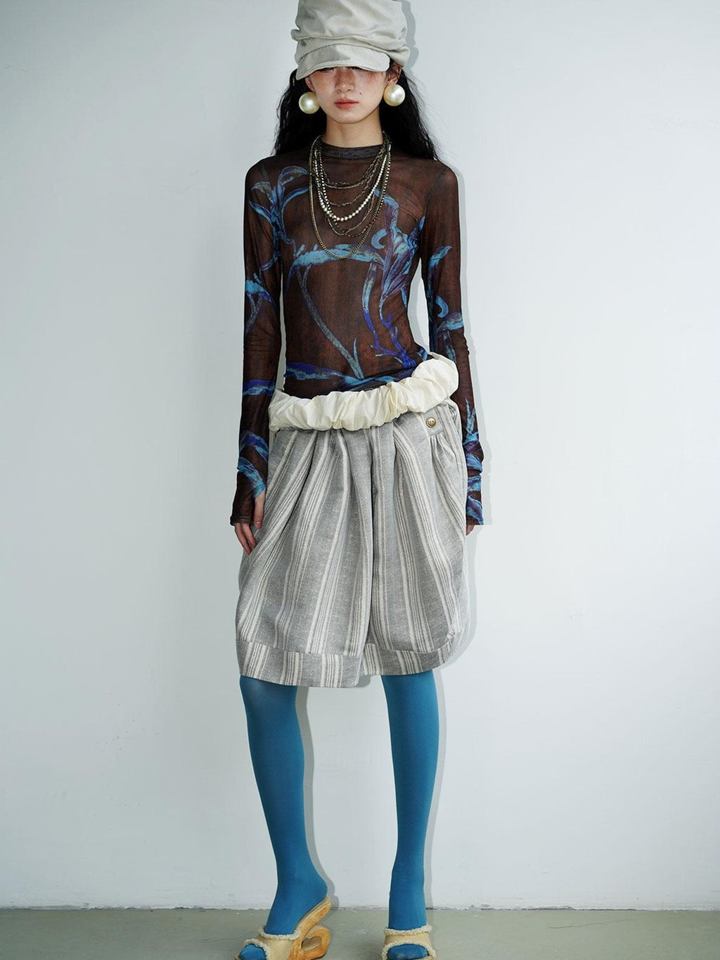 badtaste Mesh Cutout Chinese Print Two Way Women's Mesh Tulle Long Sleeve T-shirts