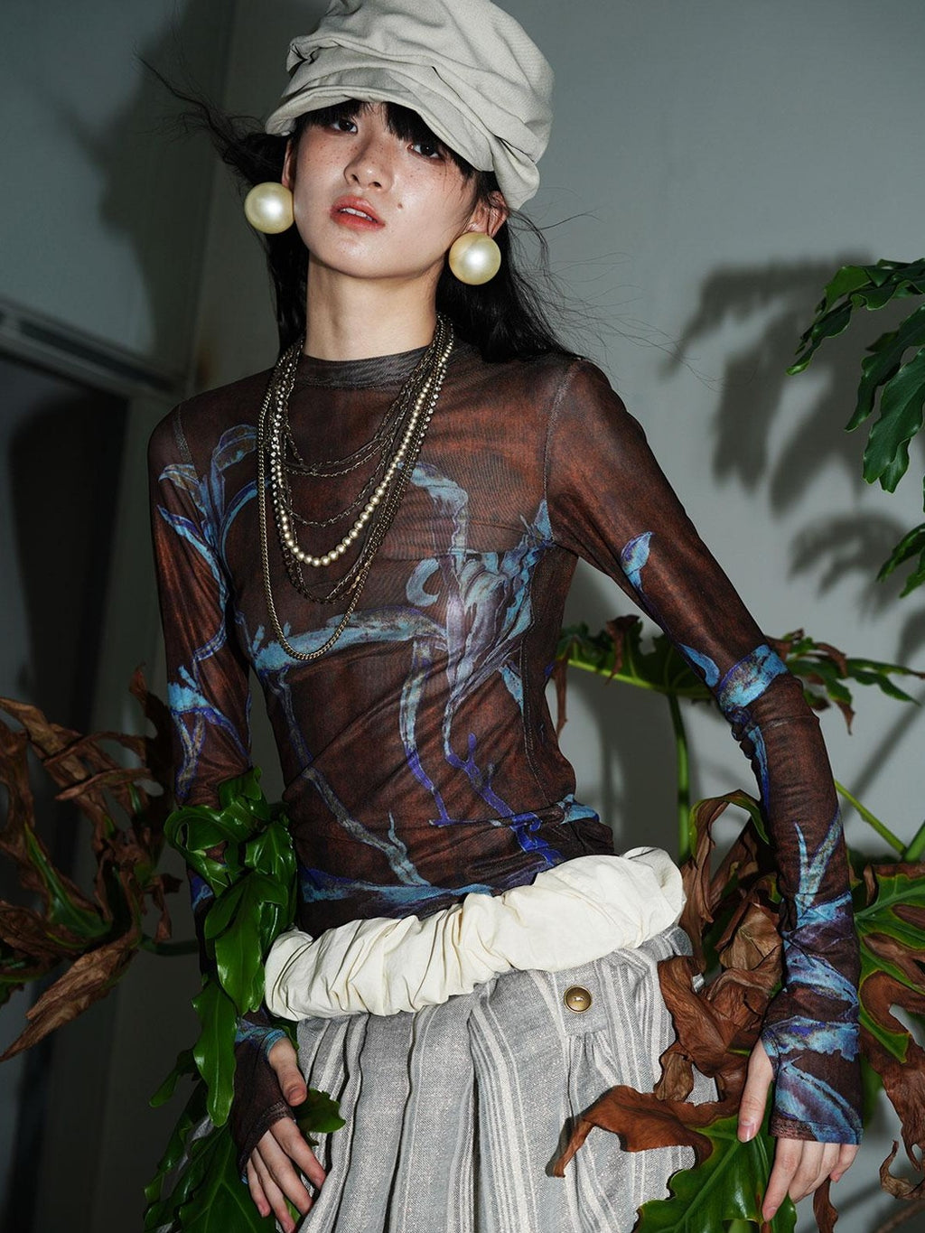 badtaste Mesh Cutout Chinese Print Two Way Women's Mesh Tulle Long Sleeve T-shirts