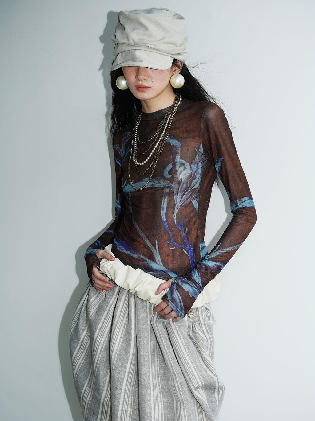 badtaste Mesh Cutout Chinese Print Two Way Women's Mesh Tulle Long Sleeve T-shirts