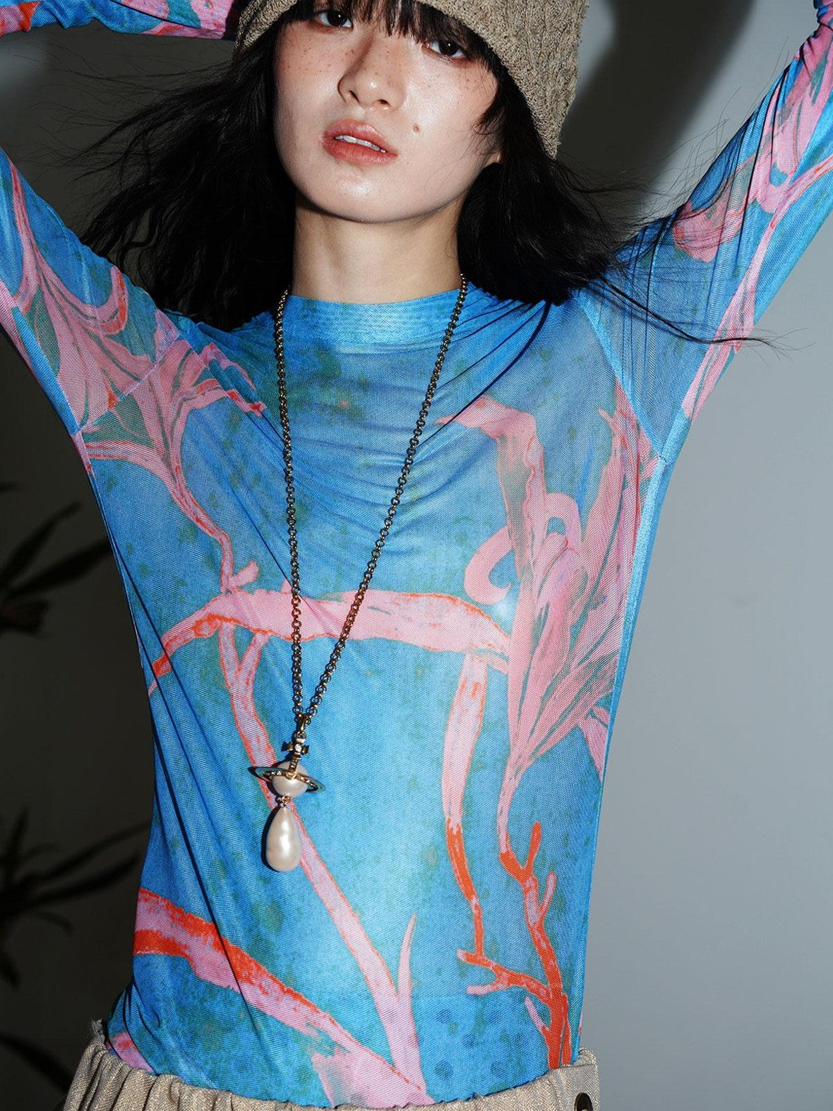 badtaste Mesh Cutout Chinese Print Two Way Women's Mesh Tulle Long Sleeve T-shirts
