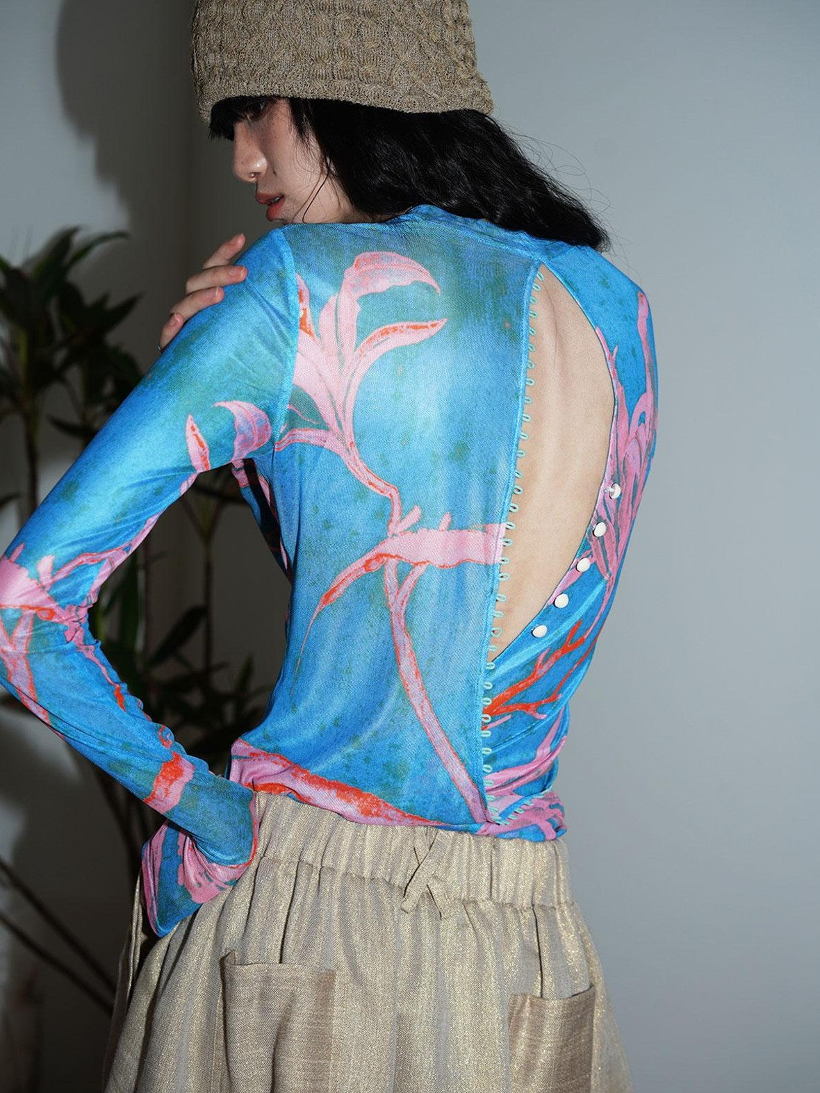 badtaste Mesh Cutout Chinese Print Two Way Women's Mesh Tulle Long Sleeve T-shirts
