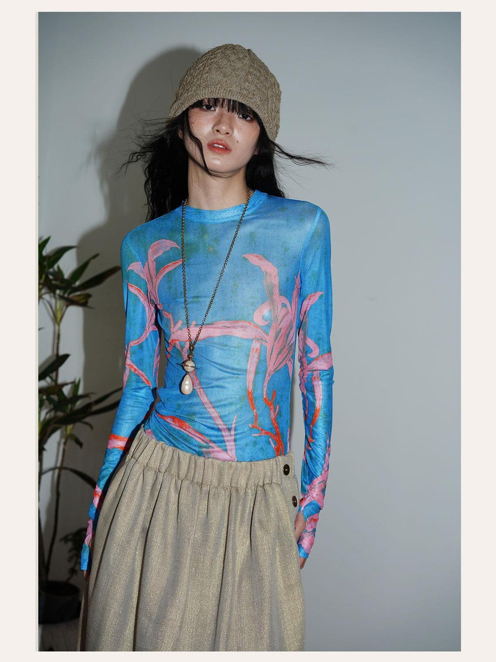 badtaste Mesh Cutout Chinese Print Two Way Women's Mesh Tulle Long Sleeve T-shirts