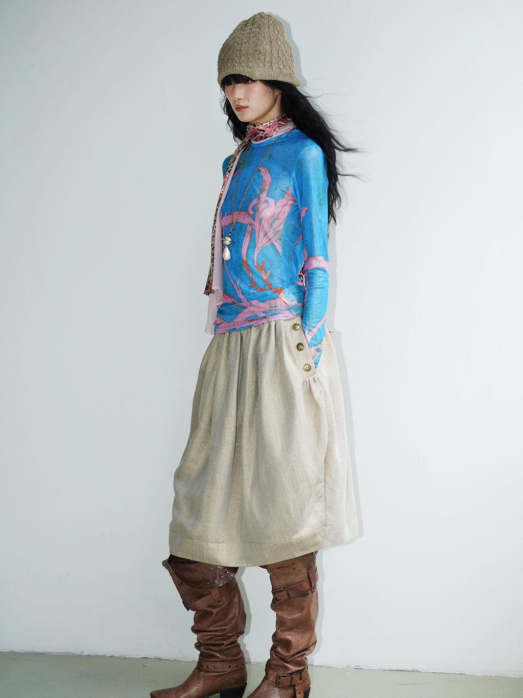 badtaste Mesh Cutout Chinese Print Two Way Women's Mesh Tulle Long Sleeve T-shirts