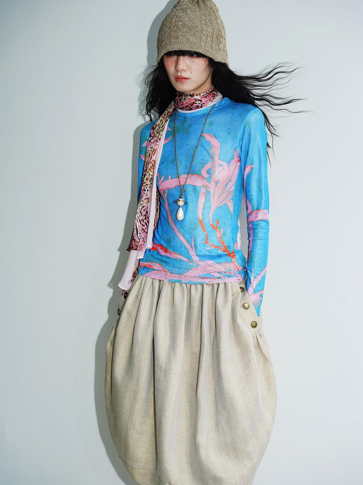 badtaste Mesh Cutout Chinese Print Two Way Women's Mesh Tulle Long Sleeve T-shirts