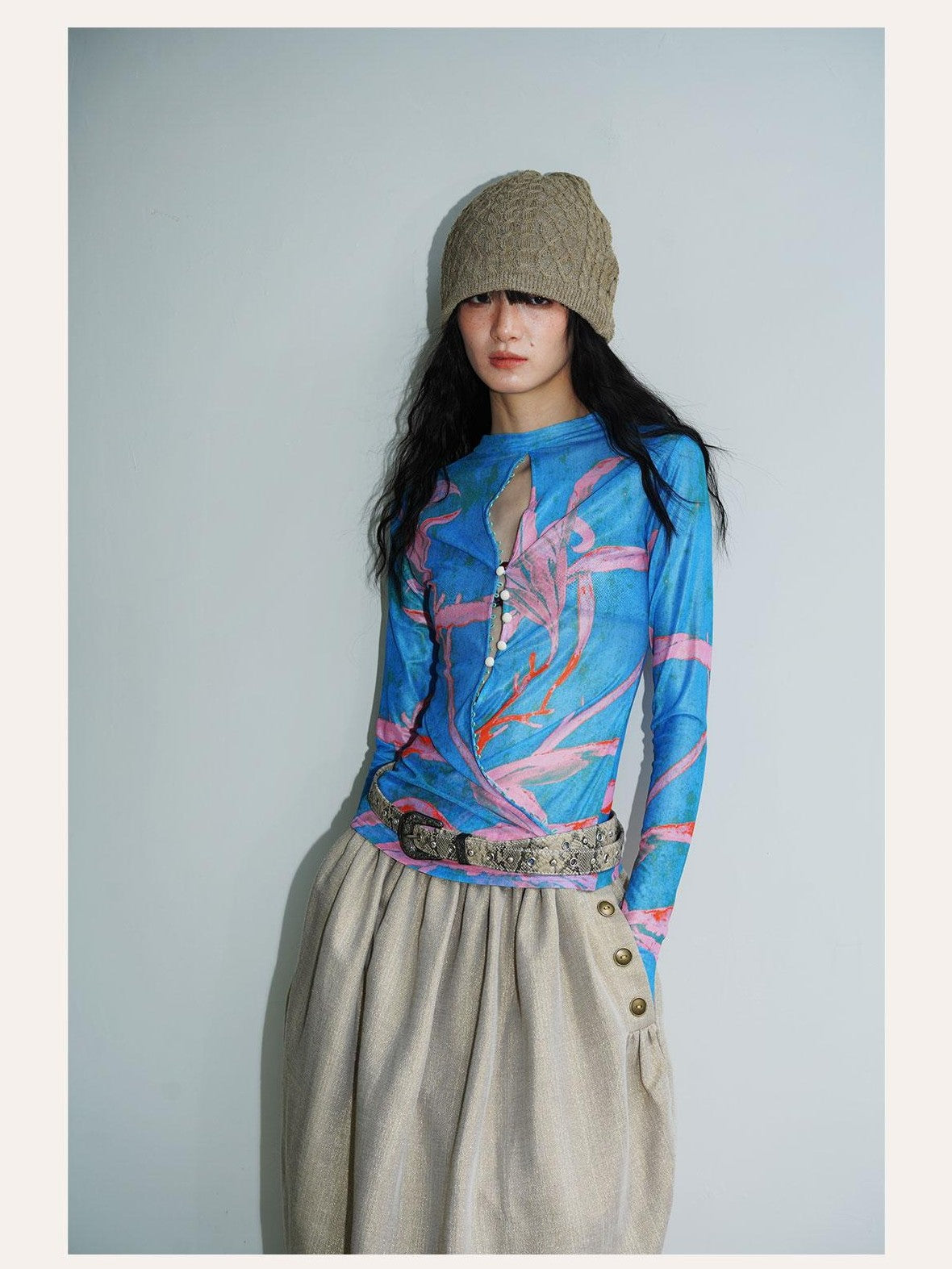 badtaste Mesh Cutout Chinese Print Two Way Women's Mesh Tulle Long Sleeve T-shirts