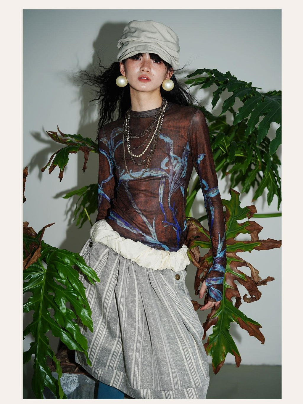 badtaste Mesh Cutout Chinese Print Two Way Women's Mesh Tulle Long Sleeve T-shirts